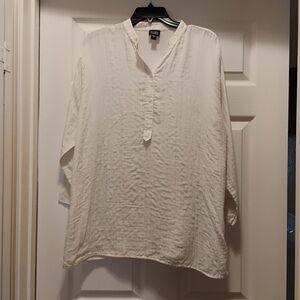 Eileen Fisher Silk Organic Linen White LongSleeve Quiet Luxury Boxy Shirt Size L